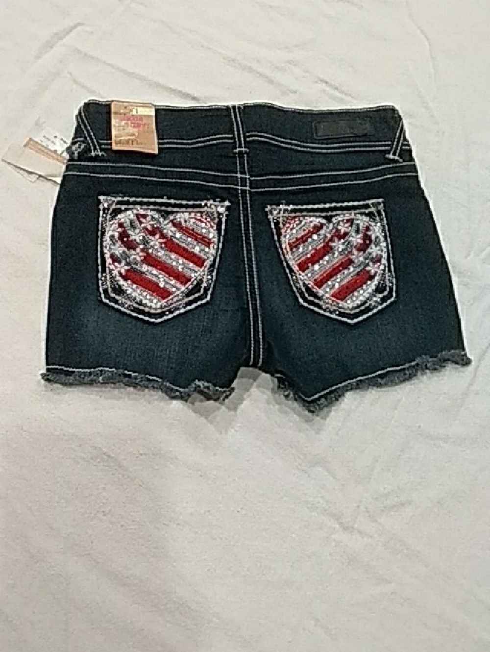Wallflower Dark Denim Shorts with Red Sequin Heart Back Pockets
